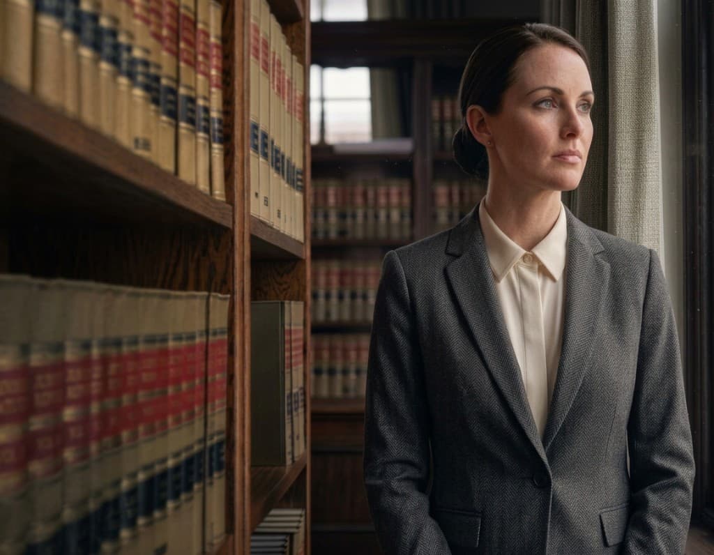 Attorney in a gray herringbone jacket standing beside shelves of bound case reporters